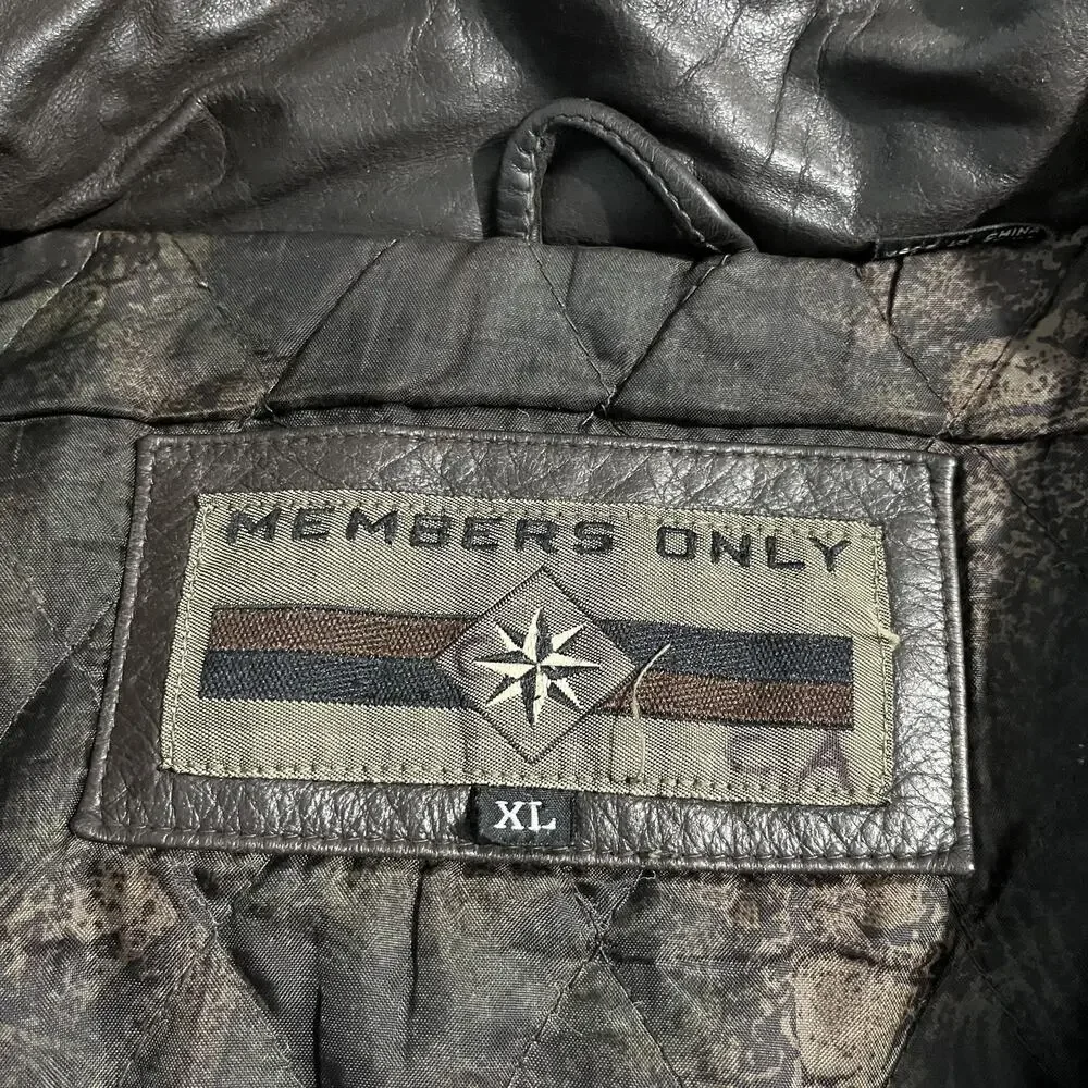 Members Only Jacket Mens‎ XL Brown Leather Bomber Quilted Lined Zip Snap Collar